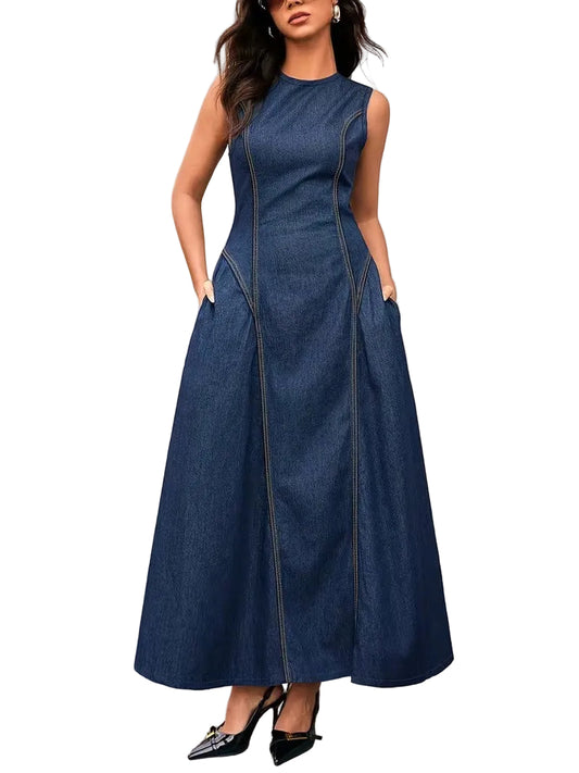 Damska Sukienka Maxi Bez Rękawów Z Kieszeniami Po Bokach