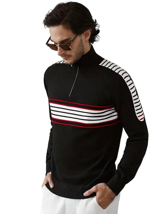 Męski Sweter z Półzamkiem i Paskami