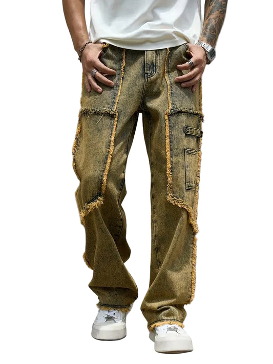Męskie Spodnie Patchworkowe z Postrzępionymi Akcentami